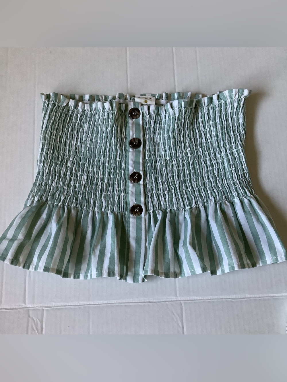 By Together Smocked Striped Peplum Tube Top Green White Button Down Size M